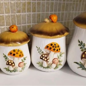 Vintage merry mushroom jar set